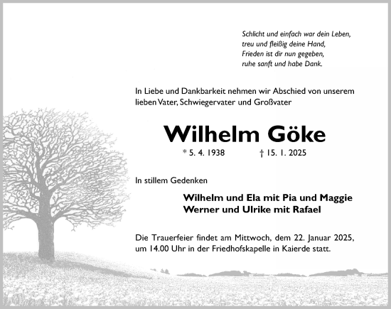 Traueranzeige von Wilhelm Göke von Hildesheimer Allgemeine Zeitung