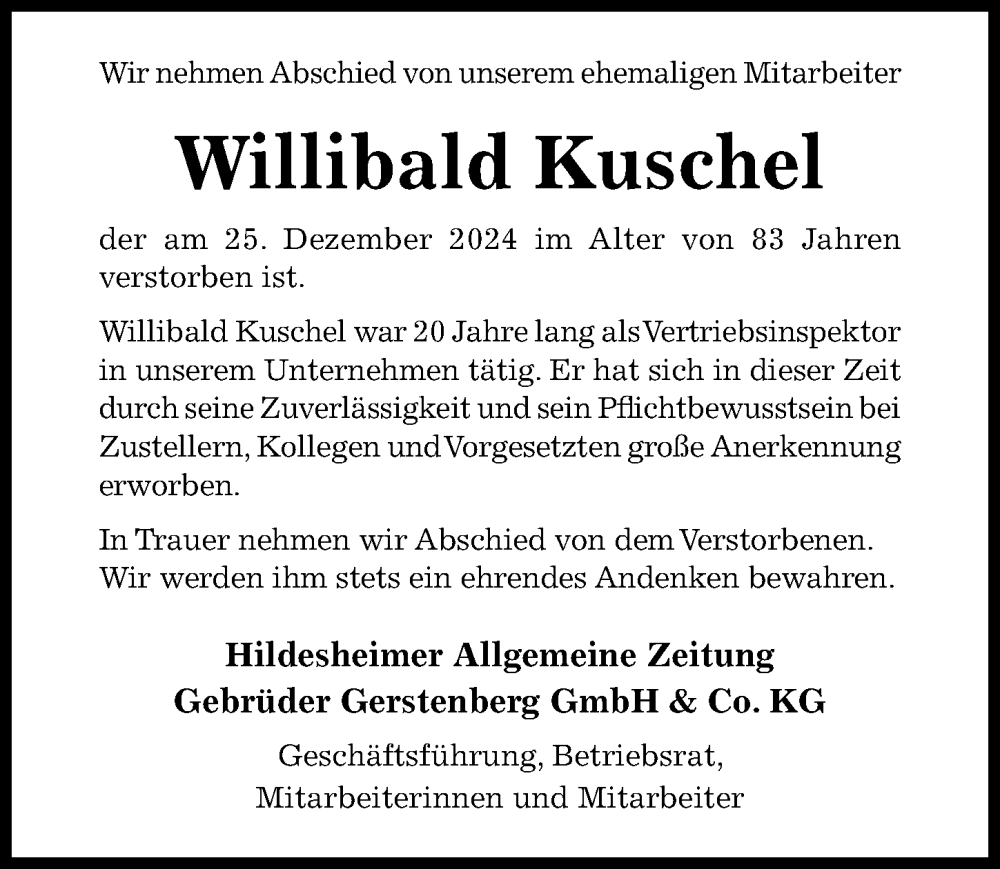  Traueranzeige für Willibald Kuschel vom 04.01.2025 aus Hildesheimer Allgemeine Zeitung