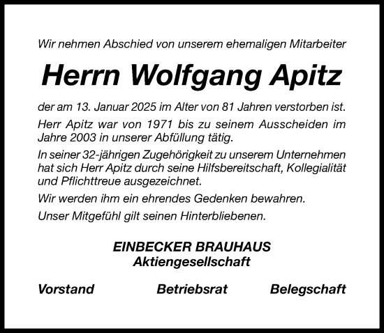 Traueranzeige von Wolfgang Apitz von Hildesheimer Allgemeine Zeitung