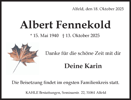 Traueranzeige von Albert Fennekold von Hildesheimer Allgemeine Zeitung