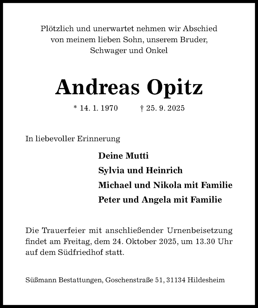  Traueranzeige für Andreas Opitz vom 08.10.2025 aus Hildesheimer Allgemeine Zeitung