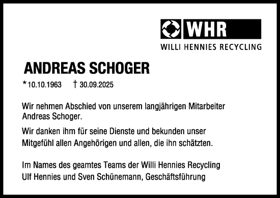 Traueranzeige von Andreas Schoger von Hildesheimer Allgemeine Zeitung