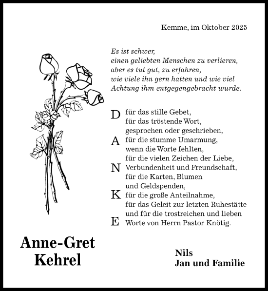 Traueranzeige von Anne-Gret Kehrel von Hildesheimer Allgemeine Zeitung