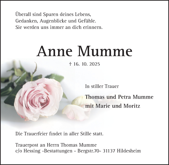 Traueranzeige von Anne Mumme von Hildesheimer Allgemeine Zeitung