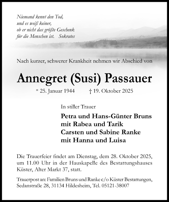 Traueranzeige von Annegret Passauer von Hildesheimer Allgemeine Zeitung
