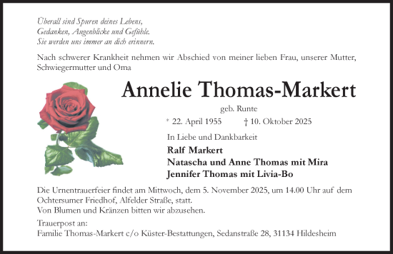 Traueranzeige von Annelie Thomas-Markert von Hildesheimer Allgemeine Zeitung