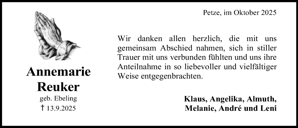  Traueranzeige für Annemarie Reuker vom 15.10.2025 aus Hildesheimer Allgemeine Zeitung