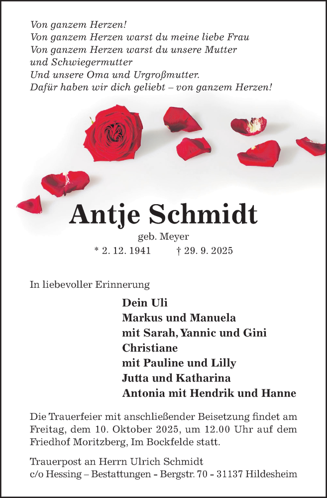  Traueranzeige für Antje Schmidt vom 01.10.2025 aus Hildesheimer Allgemeine Zeitung