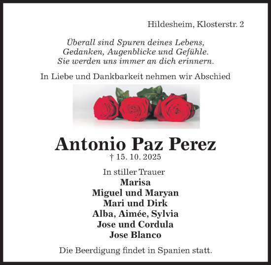 Traueranzeige von Antonio Paz Perez von Hildesheimer Allgemeine Zeitung