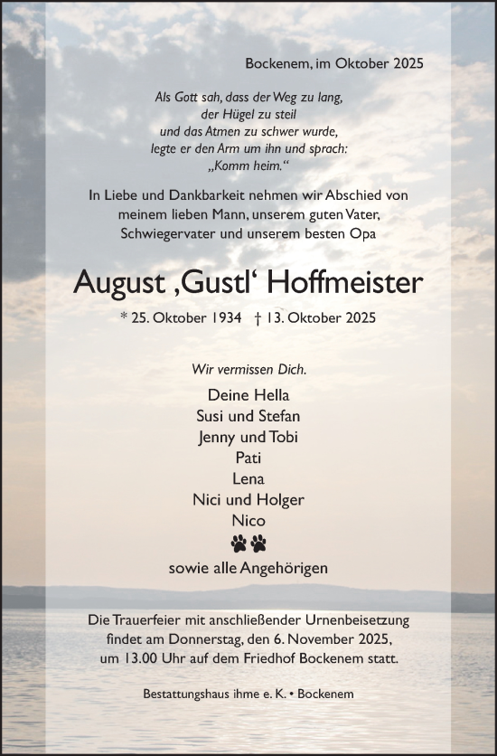Traueranzeige von August Hoffmeister von Hildesheimer Allgemeine Zeitung