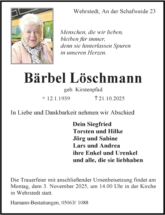 Traueranzeige von Bärbel Löschmann von Hildesheimer Allgemeine Zeitung