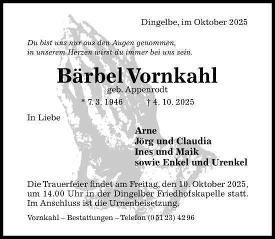 Traueranzeige von Bärbel Vornkahl von Hildesheimer Allgemeine Zeitung