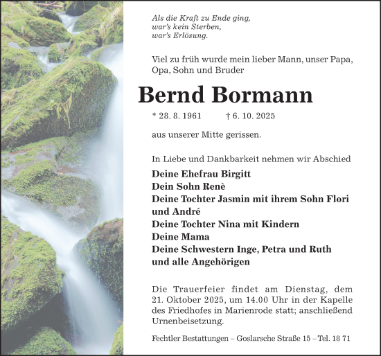 Traueranzeige von Bernd Bormann von Hildesheimer Allgemeine Zeitung