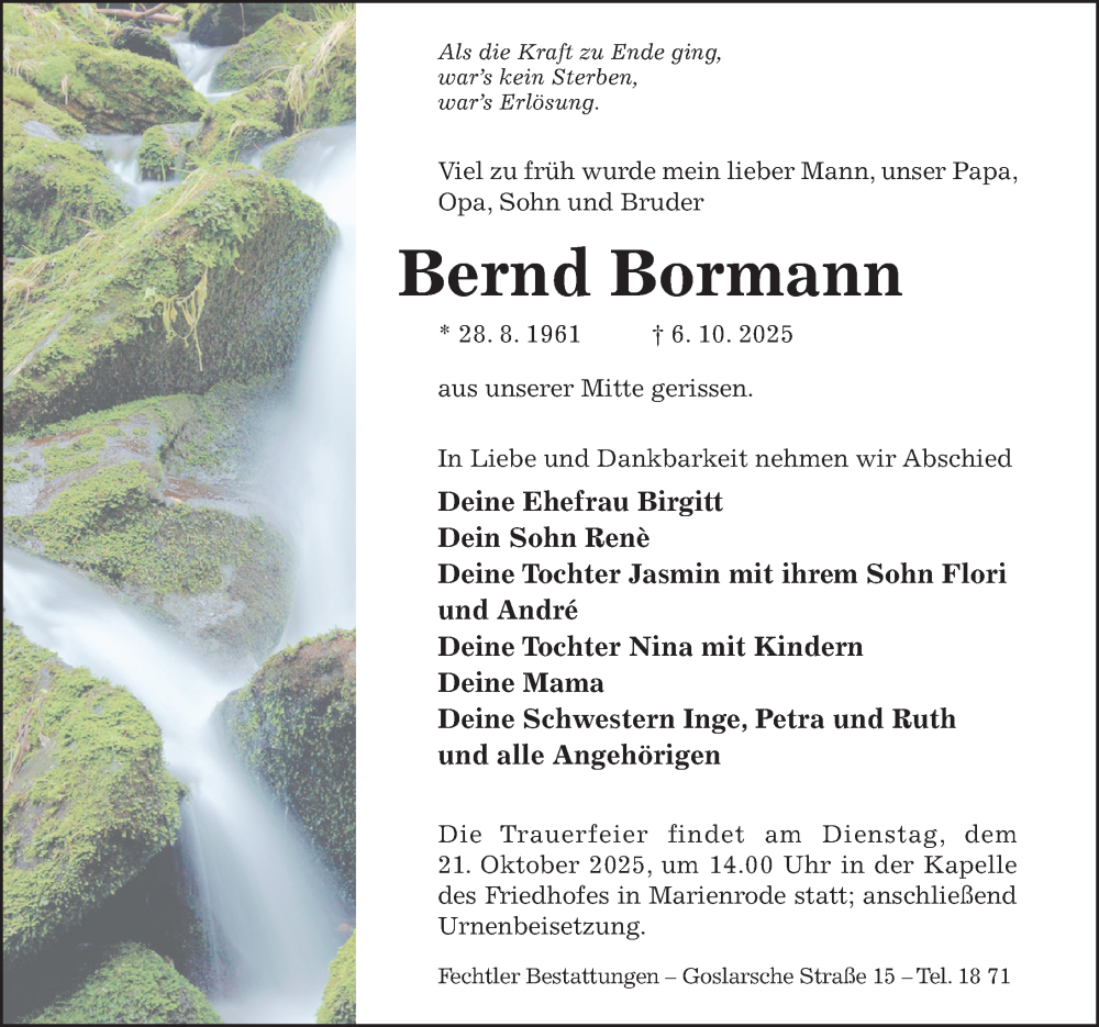  Traueranzeige für Bernd Bormann vom 15.10.2025 aus Hildesheimer Allgemeine Zeitung