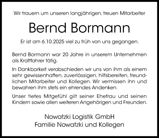 Traueranzeige von Bernd Bormann von Hildesheimer Allgemeine Zeitung