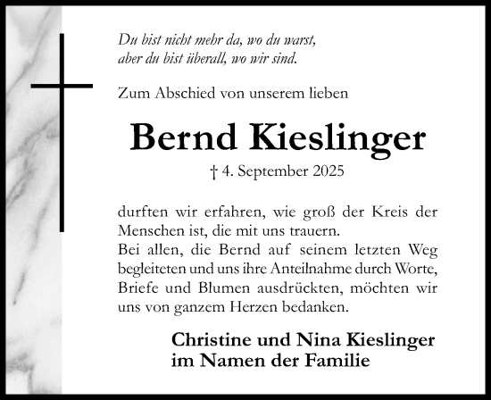 Traueranzeige von Bernd Kieslinger von Hildesheimer Allgemeine Zeitung