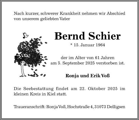 Traueranzeige von Bernd Schier von Hildesheimer Allgemeine Zeitung