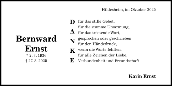 Traueranzeige von Bernward Ernst von Hildesheimer Allgemeine Zeitung