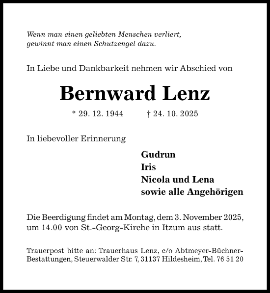 Traueranzeige von Bernward Lenz von Hildesheimer Allgemeine Zeitung