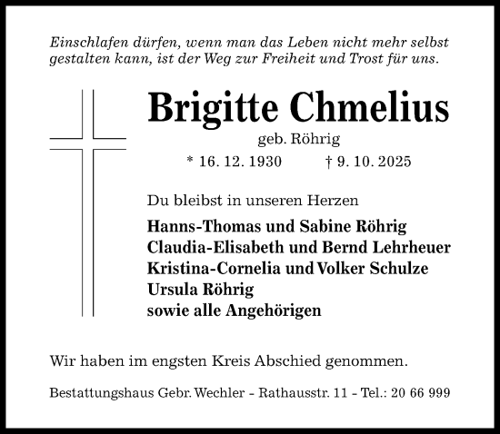 Traueranzeige von Brigitte Chmelius von Hildesheimer Allgemeine Zeitung