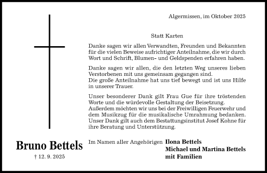 Traueranzeige von Bruno Bettels von Hildesheimer Allgemeine Zeitung
