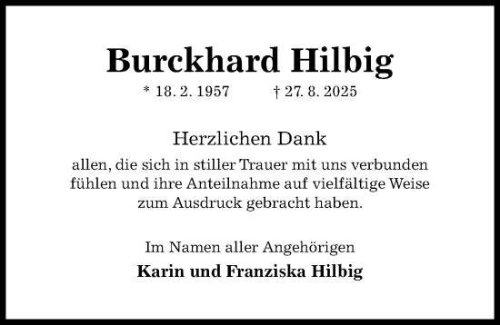 Traueranzeige von Burckhard Hilbig von Hildesheimer Allgemeine Zeitung