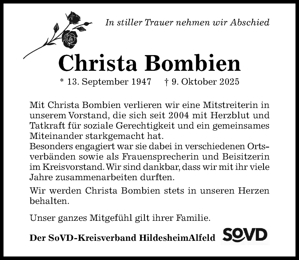  Traueranzeige für Christa Bombien vom 18.10.2025 aus Hildesheimer Allgemeine Zeitung