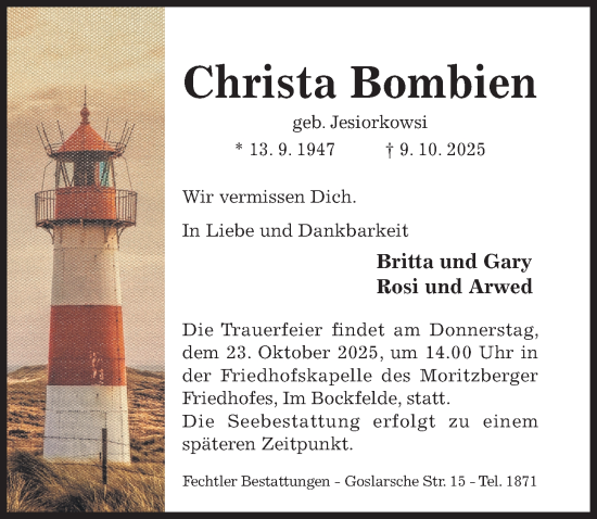 Traueranzeige von Christa Bombien von Hildesheimer Allgemeine Zeitung