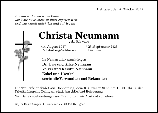 Traueranzeige von Christa Neumann von Hildesheimer Allgemeine Zeitung
