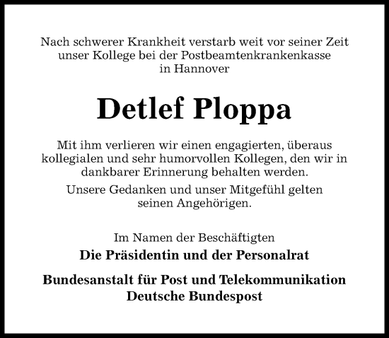 Traueranzeige von Detlef Ploppa von Hildesheimer Allgemeine Zeitung