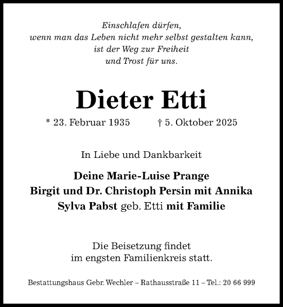 Traueranzeige von Dieter Etti von Hildesheimer Allgemeine Zeitung