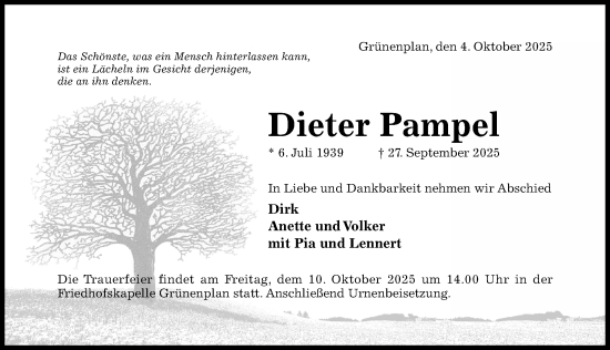 Traueranzeige von Dieter Pampel von Hildesheimer Allgemeine Zeitung