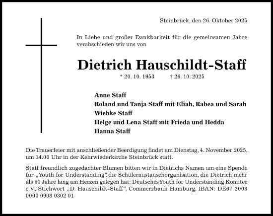 Traueranzeige von Dietrich Hauschildt-Staff von Hildesheimer Allgemeine Zeitung