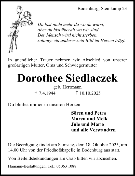 Traueranzeige von Dorothee Siedlaczek von Hildesheimer Allgemeine Zeitung