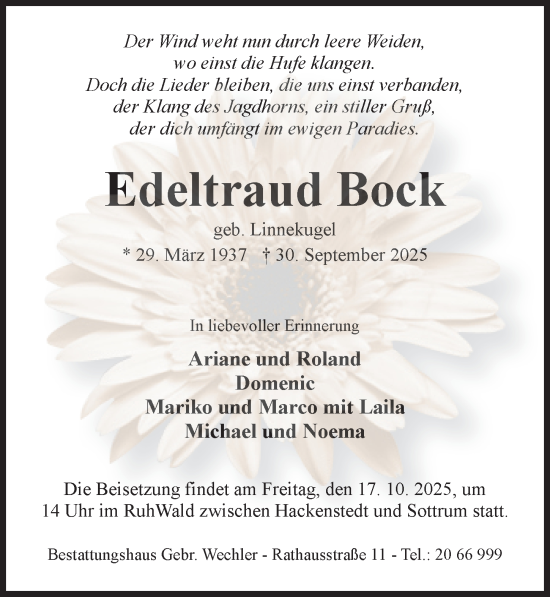 Traueranzeige von Edeltraud Bock von Hildesheimer Allgemeine Zeitung