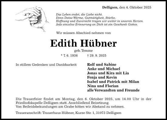 Traueranzeige von Edith Hübner von Hildesheimer Allgemeine Zeitung