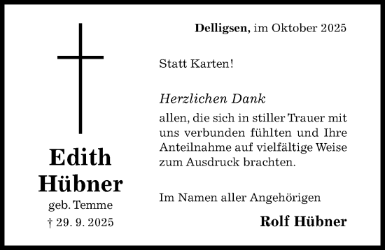 Traueranzeige von Edith Hübner von Hildesheimer Allgemeine Zeitung