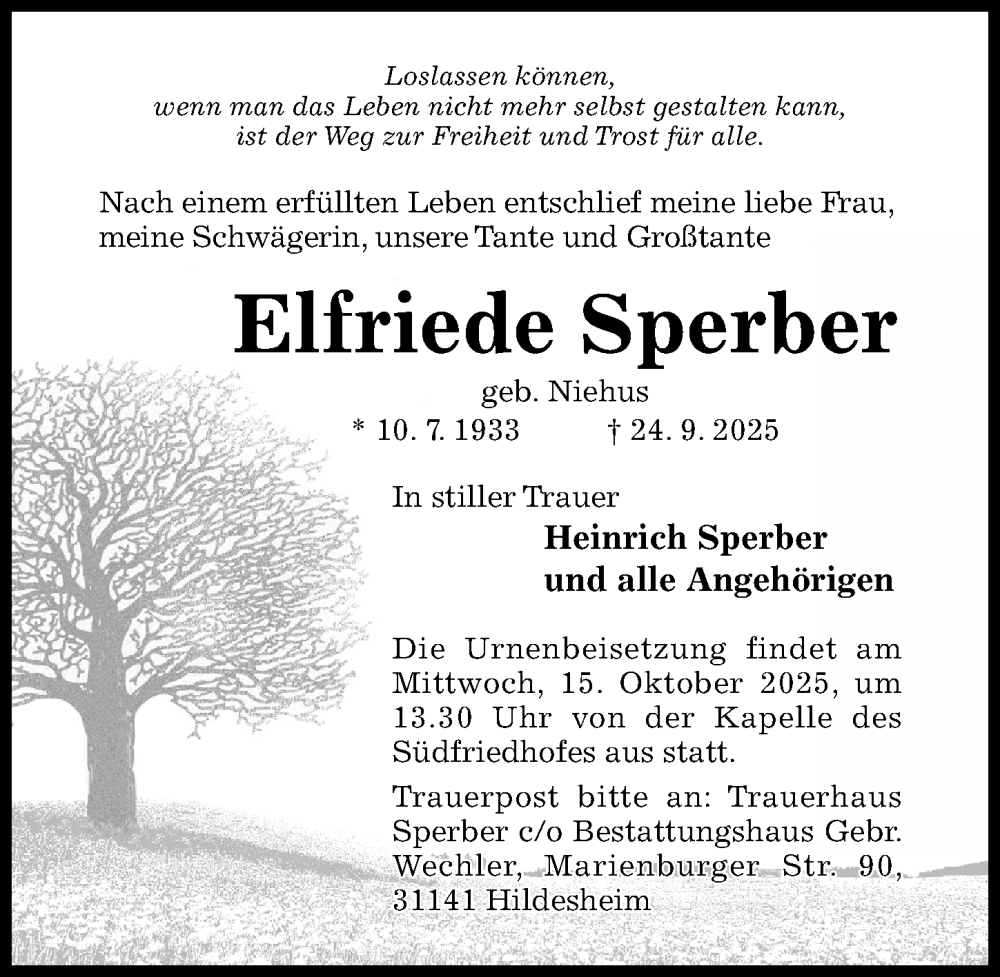  Traueranzeige für Elfriede Sperber vom 08.10.2025 aus Hildesheimer Allgemeine Zeitung