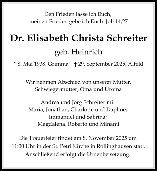 Traueranzeige von Elisabeth Christa Schreiter von Hildesheimer Allgemeine Zeitung