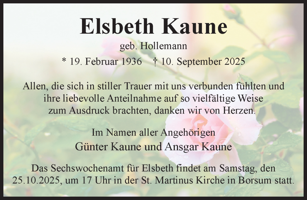  Traueranzeige für Elsbeth Kaune vom 15.10.2025 aus Hildesheimer Allgemeine Zeitung