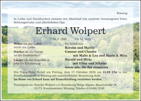 Traueranzeige von Erhard Wolpert von Hildesheimer Allgemeine Zeitung