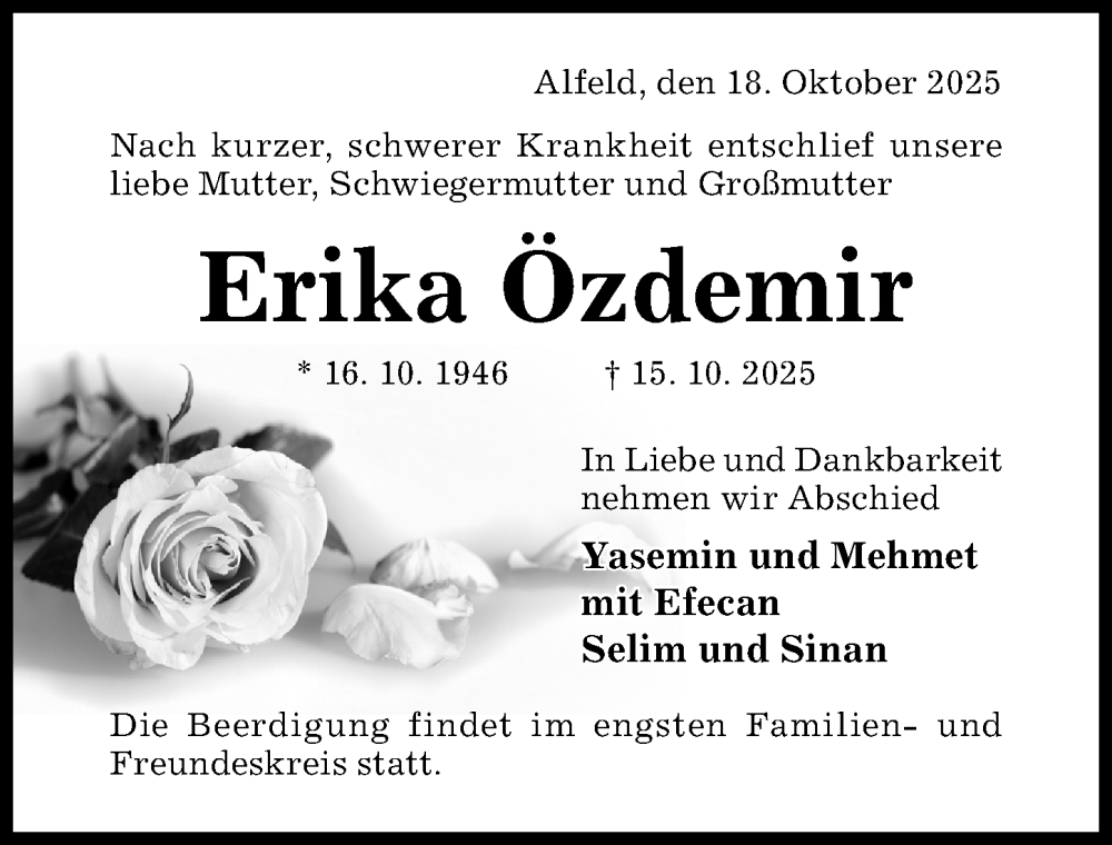  Traueranzeige für Erika Özdemir vom 18.10.2025 aus Hildesheimer Allgemeine Zeitung