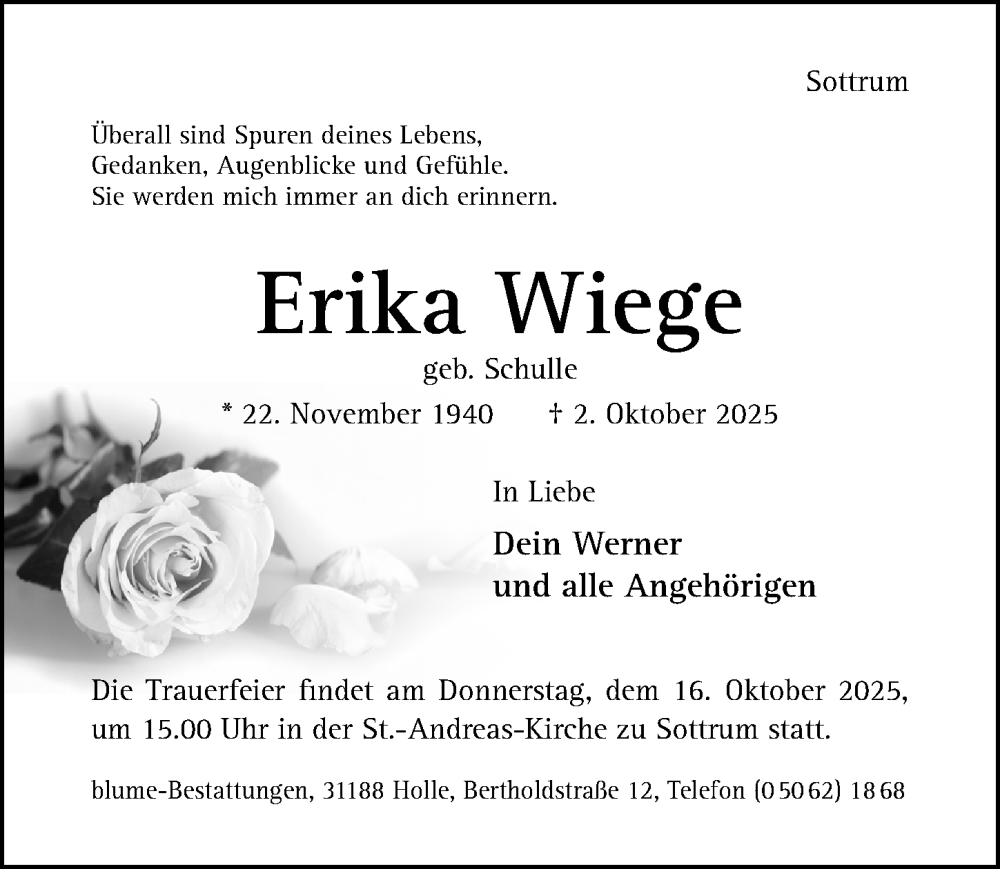  Traueranzeige für Erika Wiege vom 11.10.2025 aus Hildesheimer Allgemeine Zeitung