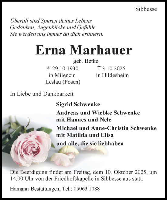 Traueranzeige von Erna Marhauer von Hildesheimer Allgemeine Zeitung