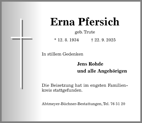 Traueranzeige von Erna Pfersich von Hildesheimer Allgemeine Zeitung