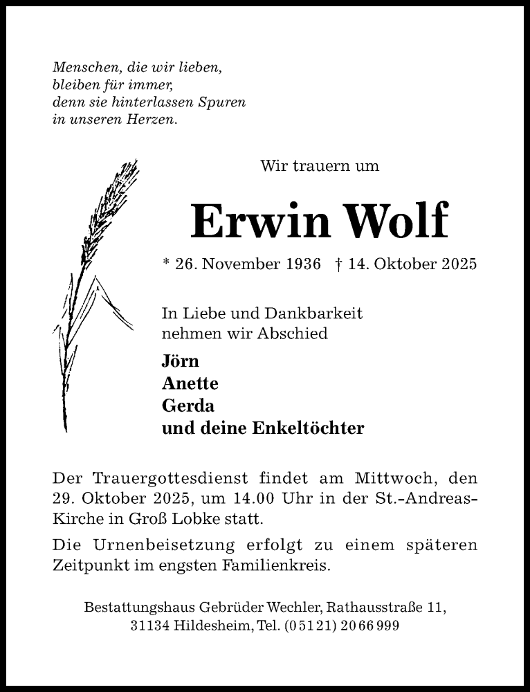  Traueranzeige für Erwin Wolf vom 22.10.2025 aus Hildesheimer Allgemeine Zeitung