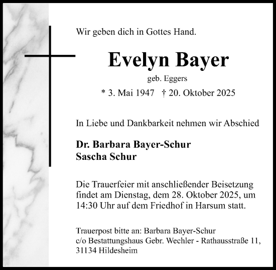 Traueranzeige von Evelyn Bayer von Hildesheimer Allgemeine Zeitung