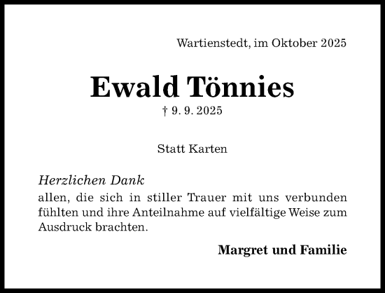 Traueranzeige von Ewald Tönnies von Hildesheimer Allgemeine Zeitung