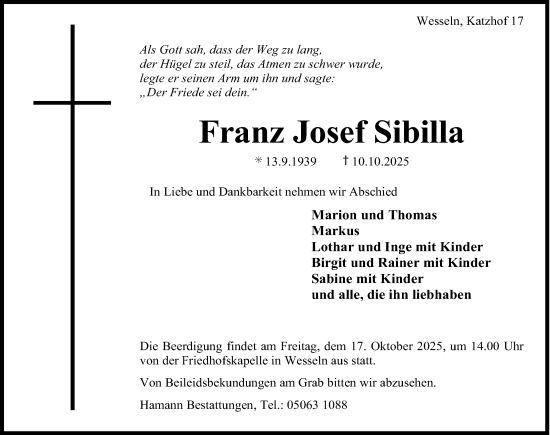 Traueranzeige von Franz Josef Sibilla von Hildesheimer Allgemeine Zeitung