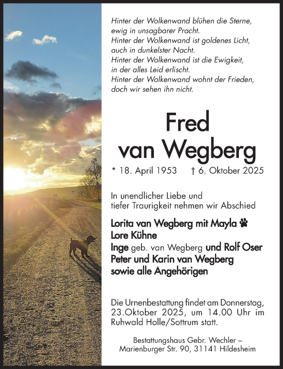 Traueranzeige von Fred van Wegberg von Hildesheimer Allgemeine Zeitung